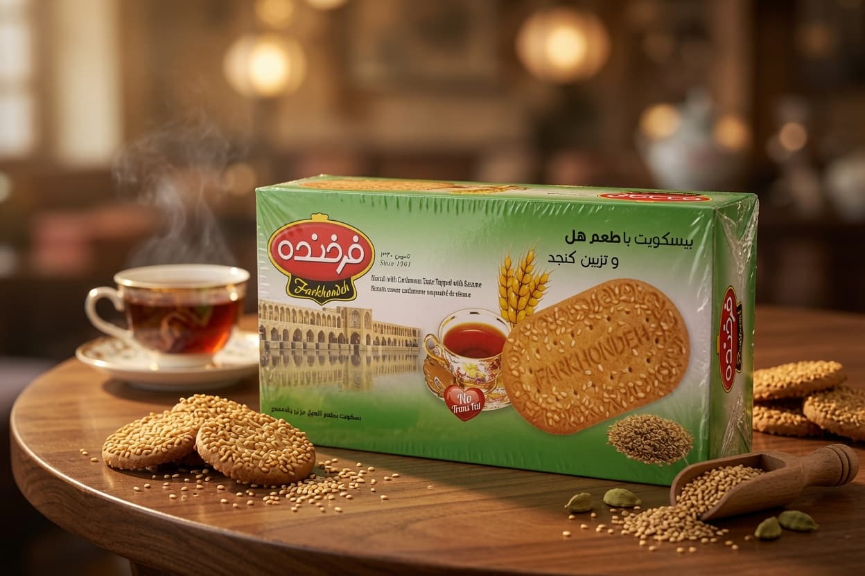 ۴۹۷- بیسکویت با طعم هل و تزیین کنجد